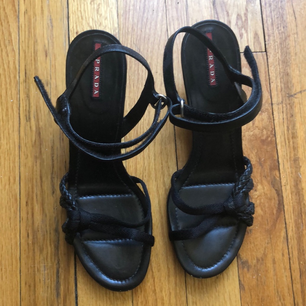 Prada Sport Black Wedge Leather Sandals
